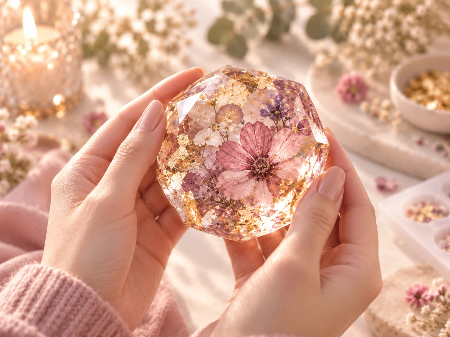 Pieza terminada de resina con flores preservadas sostenida entre las manos