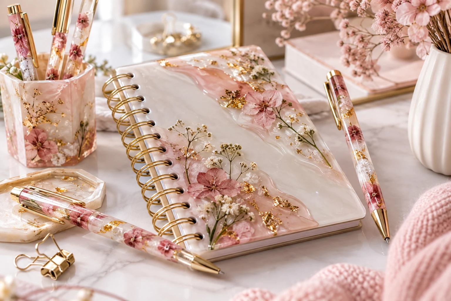 Agenda y lapiceros decorados con resina