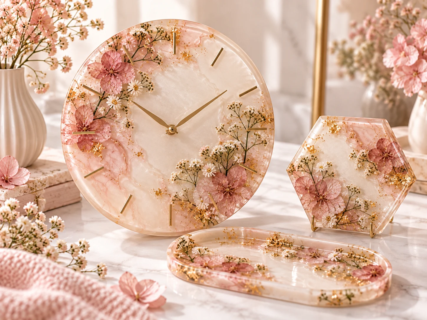 Reloj y decoración floral elaborados con resina