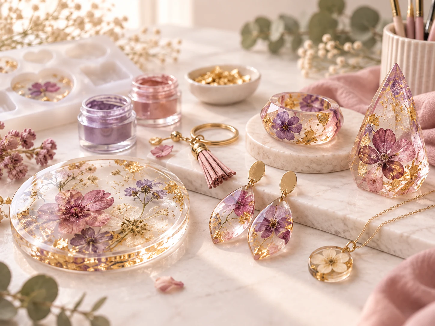 Creaciones artesanales en resina con flores preservadas y detalles dorados